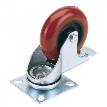 Swivel Plate Fixing Polyurethane Wheel with Brake, 100mm Diameter, S.W.L. 125kg