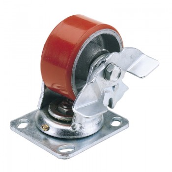 Swivel Plate Fixing Heavy Duty Polyurethane Wheel with Brake, 125mm Diameter, S.W.L. 300kg