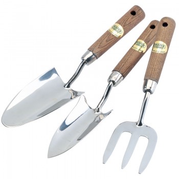 Stainless Steel Hand Fork and Trowels Set with Ash Handles (3 Piece)